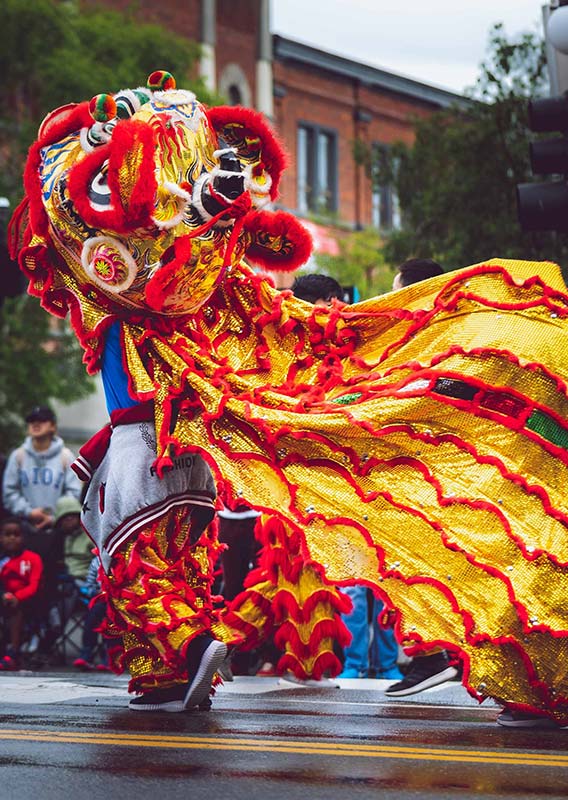 A dancer costumed for a lion dance on a street for a parade.