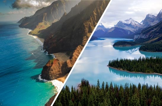 A split image with a Hawaiian coastline on the left, and a Canadian lake and mountains on the right.