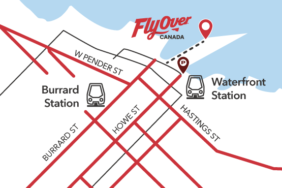 Map showing location of FlyOver Canada at Canada Place in Downtown Vancouver