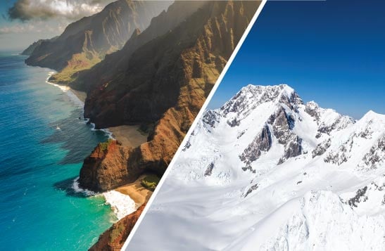 A split image with a Hawaiian coastline on the left, and snowy mountains on the right