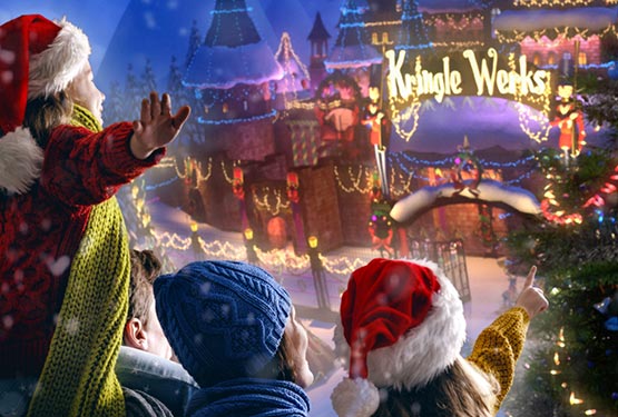 An illustration of a family approaching a Christmas Workshop