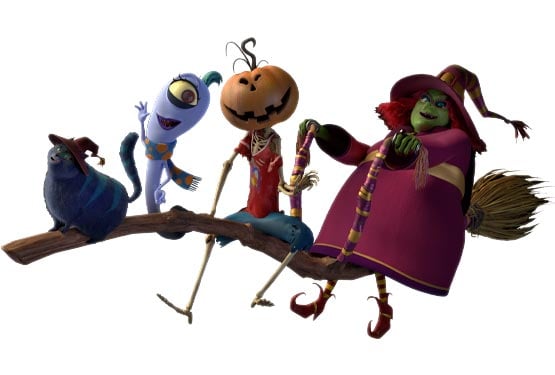 Four spooky characters, a cat, ghost, pumpkin head and witch on a broom.