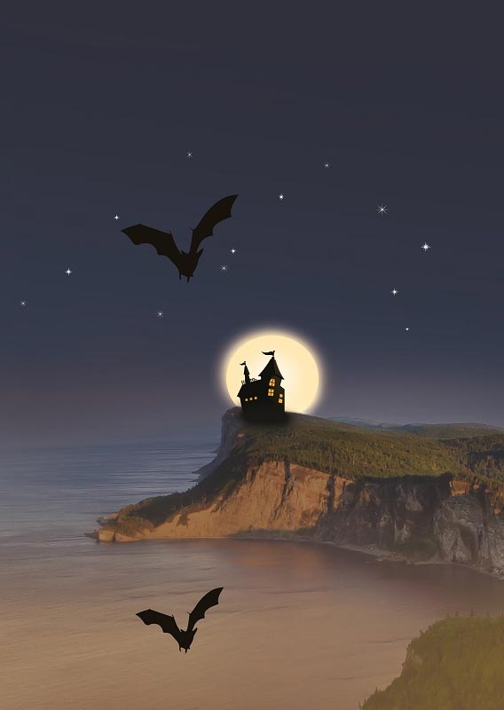 A spooky house illustration with bats flying about.