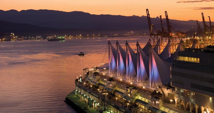 An aerial view of Canada Place on the Vancouver Waterfront.