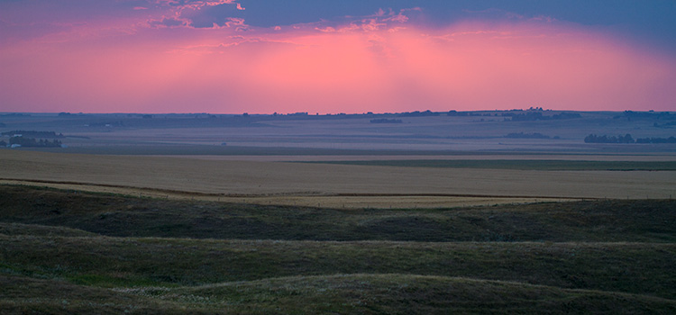 a pink and blue sunset over prairie fields