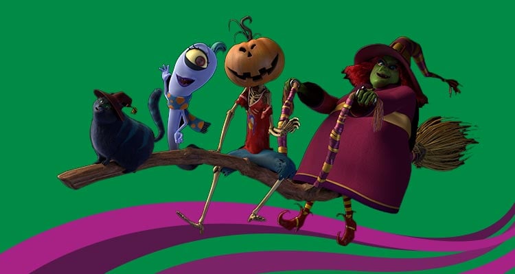 Cartoon characters sit on witches broom.