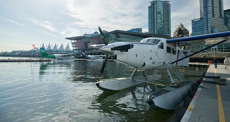 A float plane docked in a harbour.
