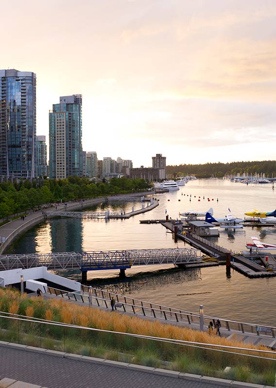 A view from a pathway out to a calm water harbour.