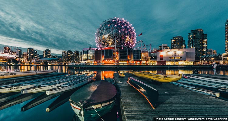 Science World Vancouver lit up at night.