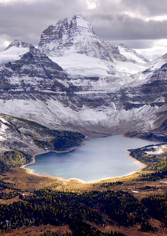 A Canadian mountain vista with lake beneath