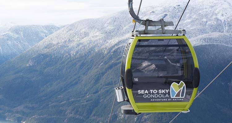 Sea to Sky Gondola in the air in front of a mountain of trees.