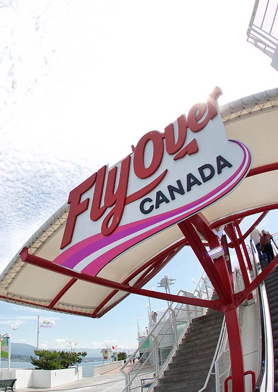 Outside sign of FlyOver Canada with a fisheye lens