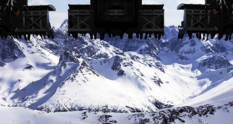 Riders overlaid on the snowy Rocky Mountains.