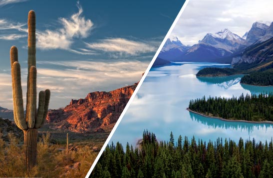 Split image of a an American desert and Canadian lakes and Rockies.