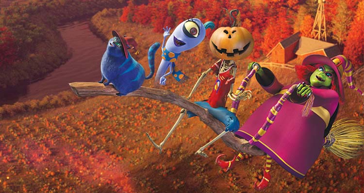Cartoon characters fly on a broomstick.