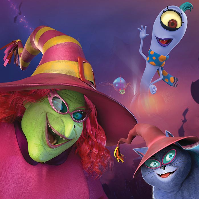 Witch, ghost and cat cartoon characters